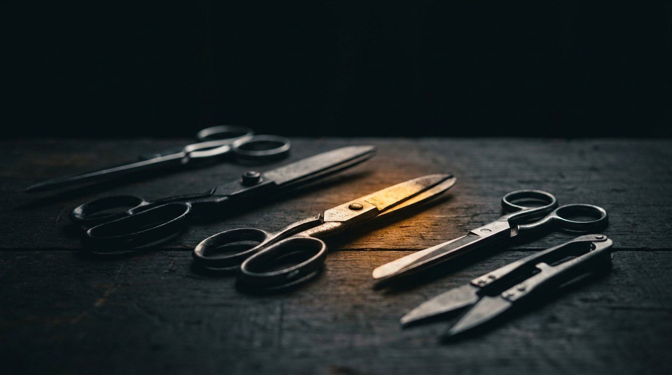 Plusieurs paires de ciseaux et outils de coupe posés sur une table en bois sombre, une seule paire éclairée par une petite lumière ambrée.