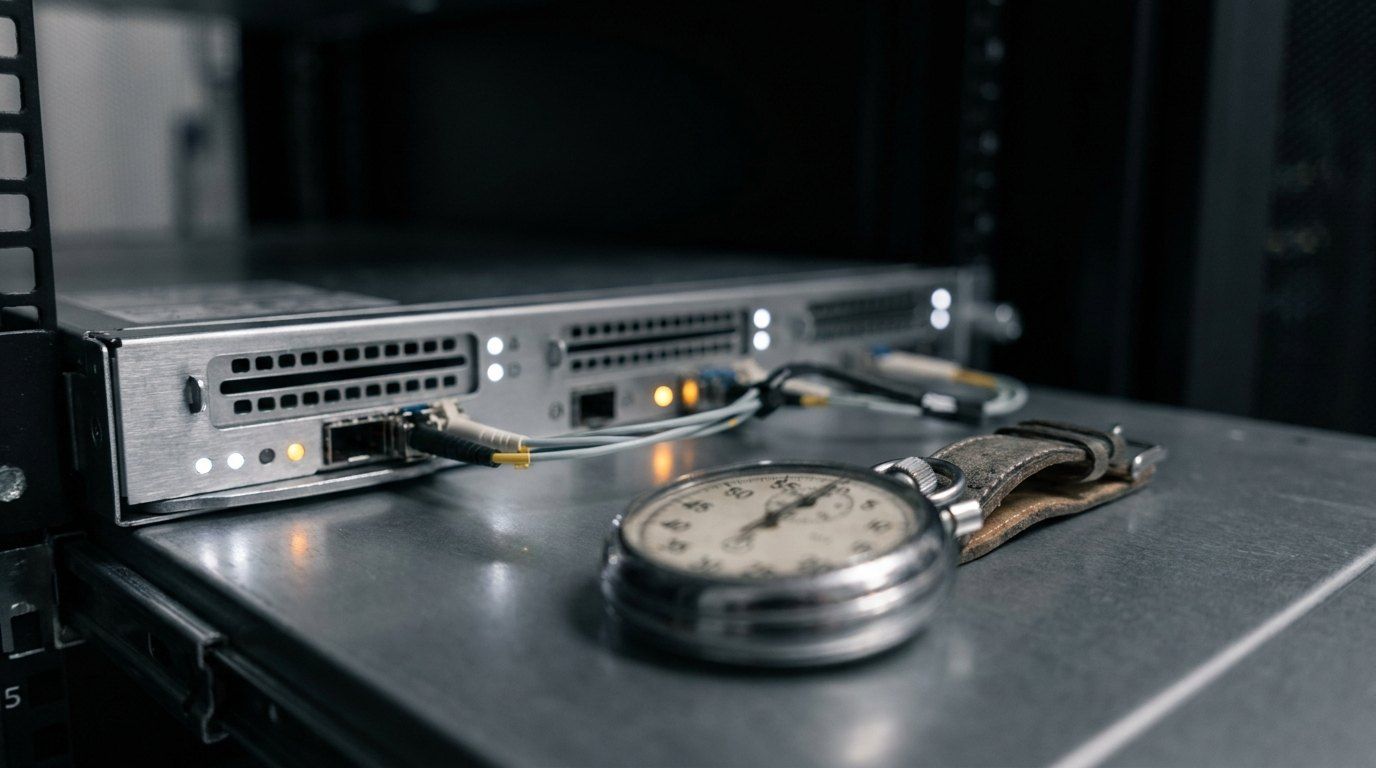 Un serveur rackable aux diodes allumées, un chronomètre à gousset posé sur son capot métallique.