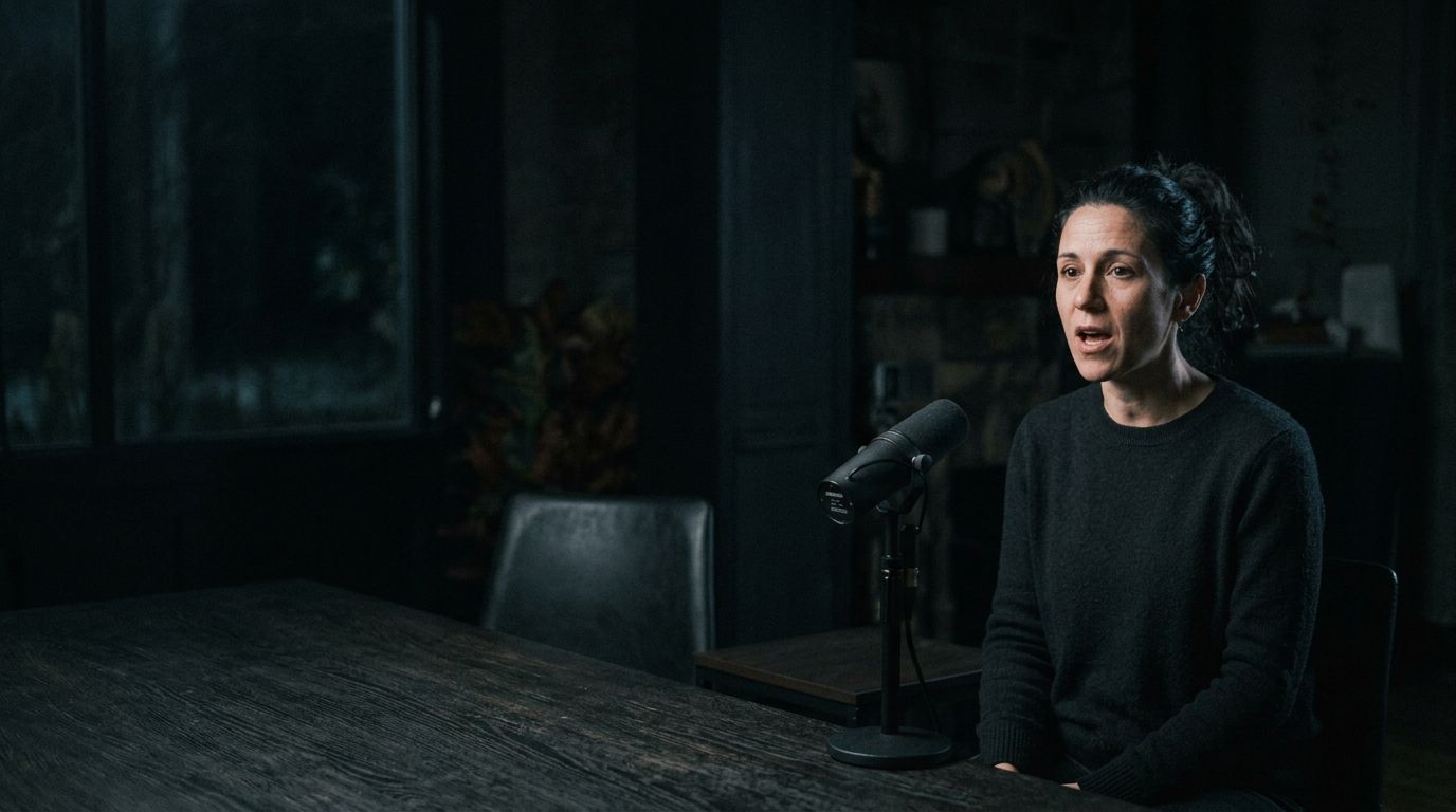 Un plan large 16:9 d'un plateau de discussion sombre : la personne qui parle est assise a droite du cadre, devant un micro sur pied ; a gauche, une table vide et une fenetre.