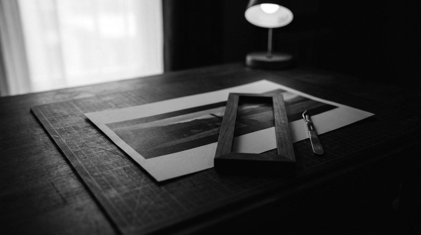 Une image panoramique imprimée sur un tapis de découpe, un cadre vertical en bois posé dessus.