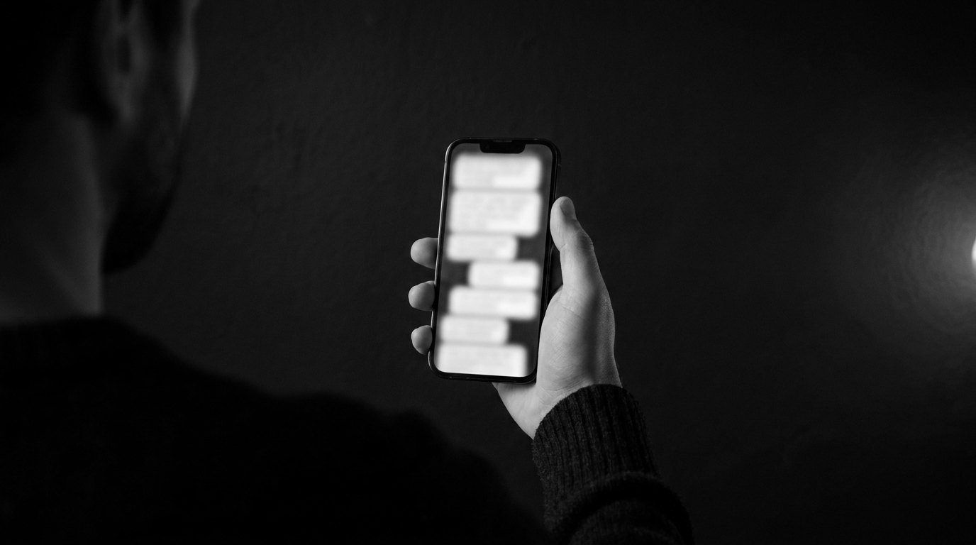 Une main tient un smartphone à la verticale, des bandeaux blancs arrondis à l'écran.