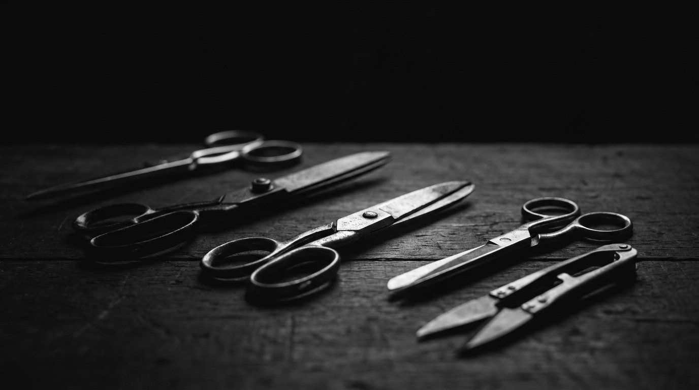 Plusieurs paires de ciseaux et outils de coupe posés sur une table en bois sombre.