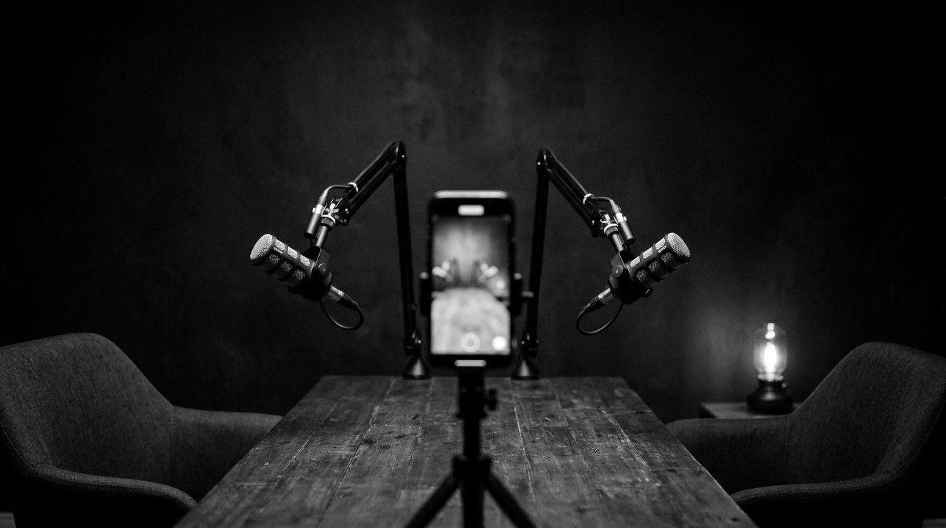 Deux micros de podcast face à face au-dessus d'une table, un smartphone qui filme à la verticale entre eux.