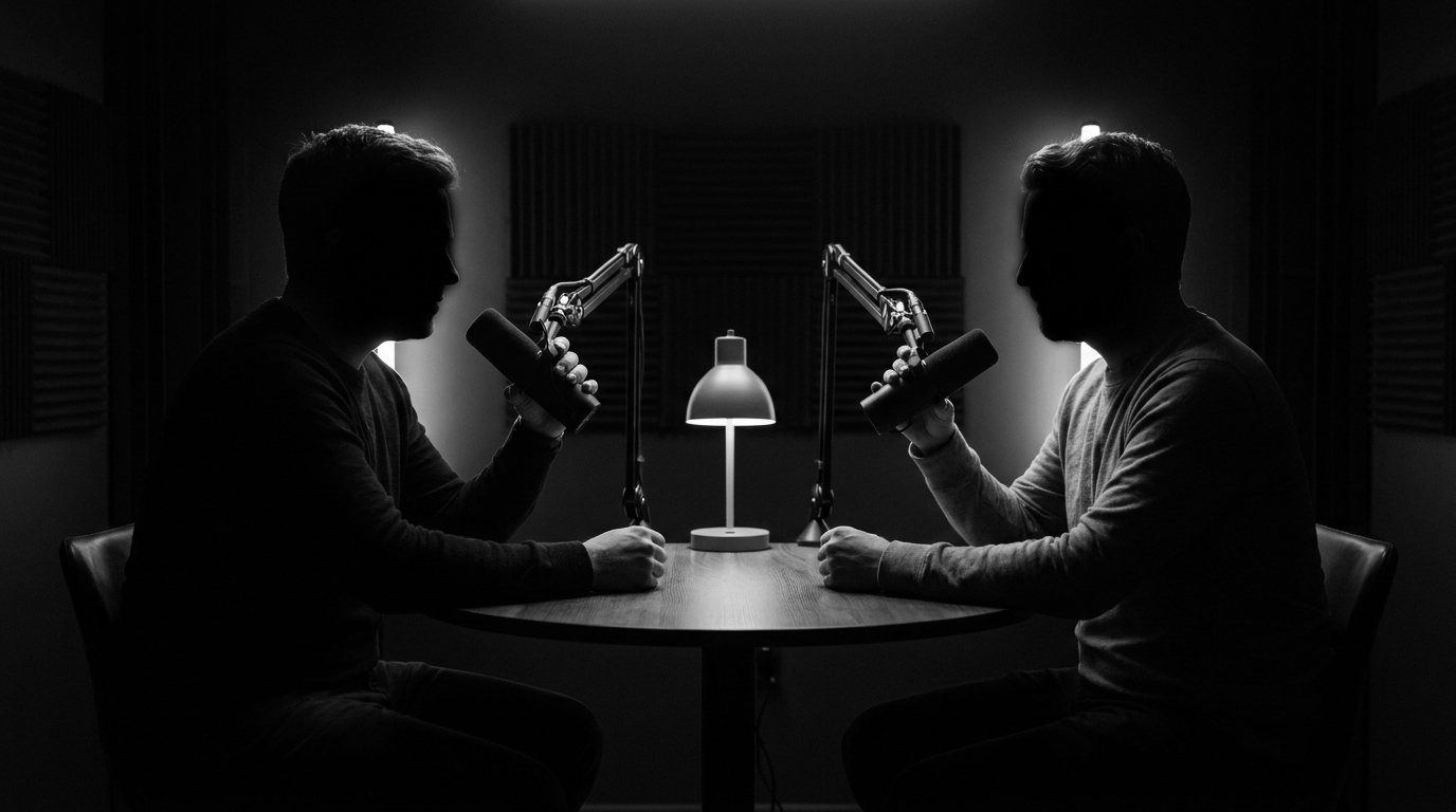 Un enregistrement de podcast à contre-jour : deux personnes de profil face à face autour d'une petite table, chacune devant un micro sur bras.