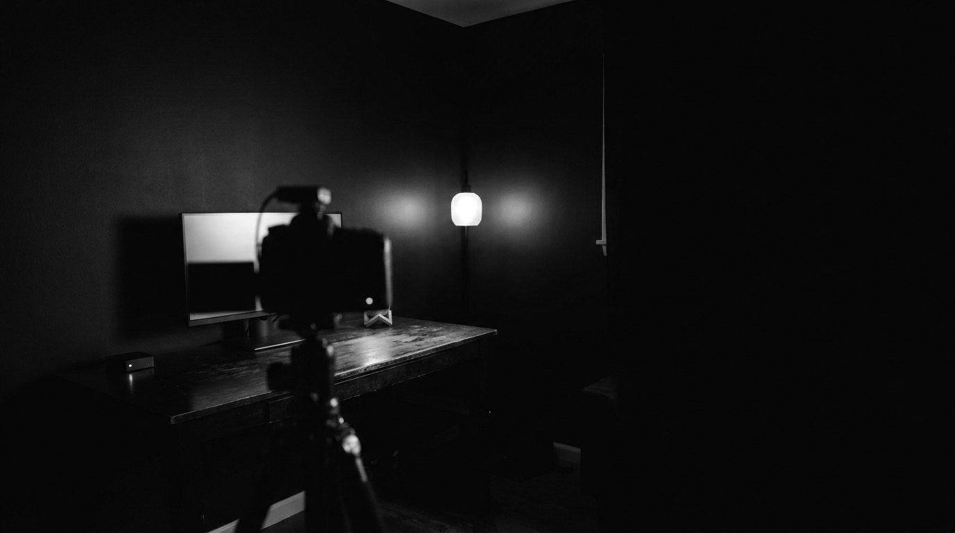 Une petite pièce de diffusion la nuit : une caméra sur trépied devant un bureau.