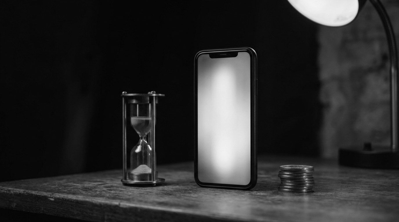 Un smartphone debout sur un bureau sombre, l'écran lumineux et flou, un sablier en laiton et une petite pile de pièces à côté.