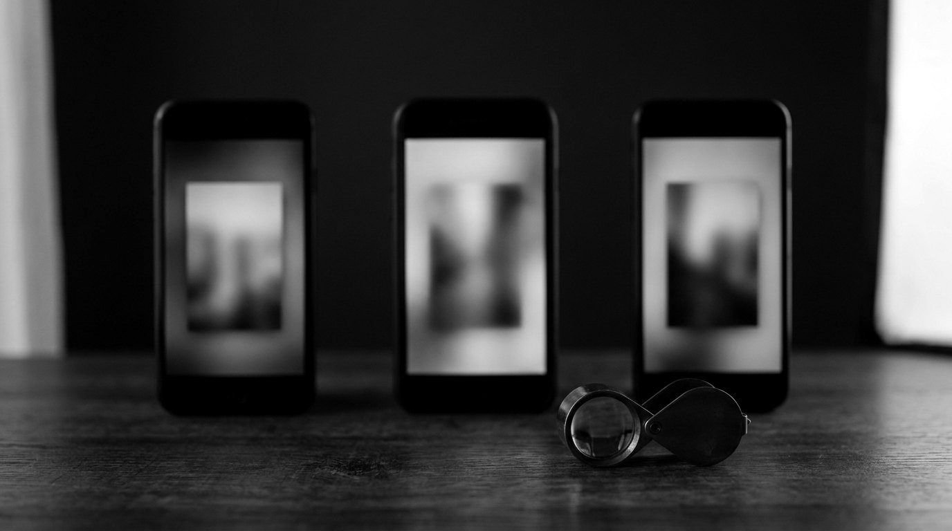 Trois smartphones debout côte à côte, chacun affichant une image verticale floue un peu différente, une loupe de bijoutier posée devant.