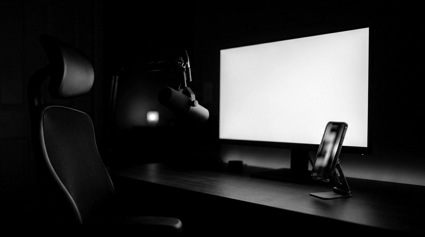 Un bureau de diffusion la nuit après le direct : une chaise vide, un micro sur bras, un écran allumé et un smartphone sur un support.