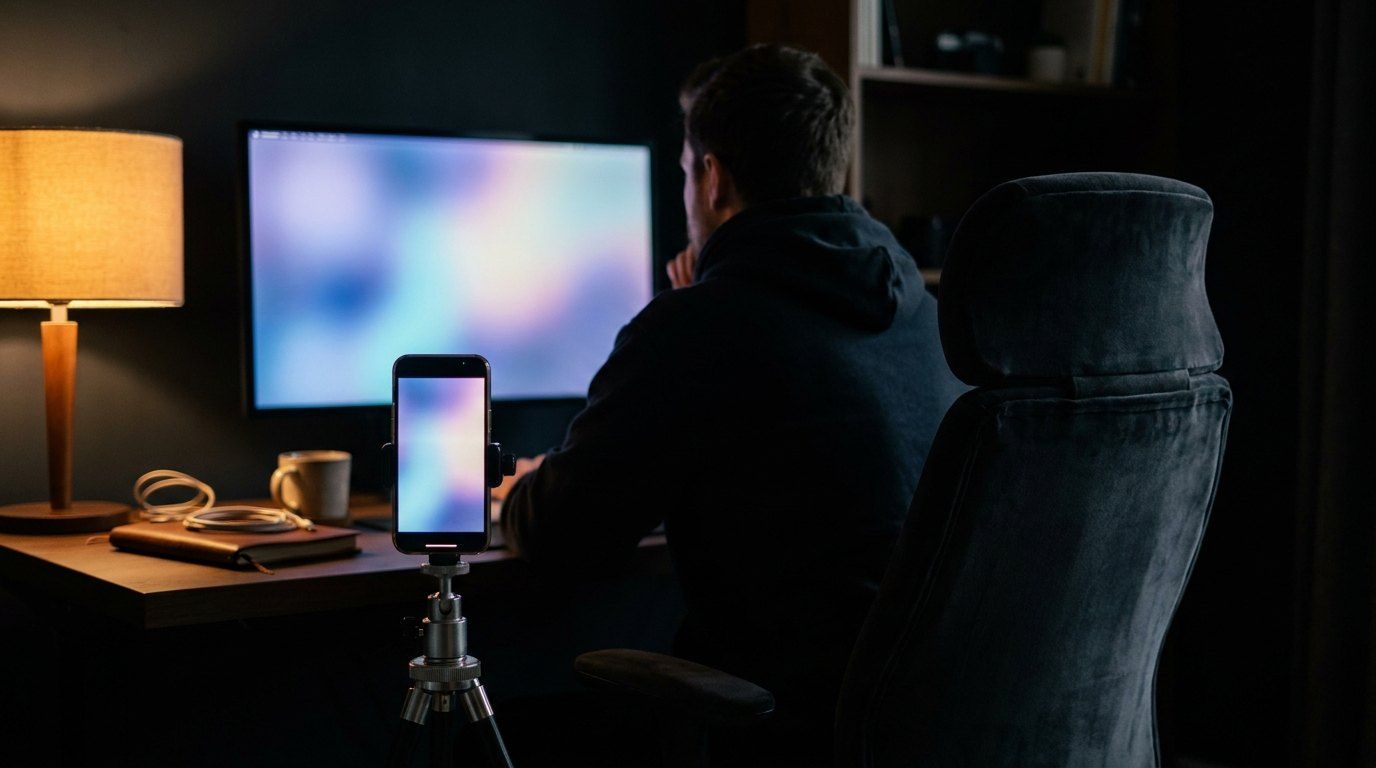 Un bureau de streamer vu de dos, l'écran baigné d'une lumière floue, un smartphone sur trépied qui en cadre une bande verticale.