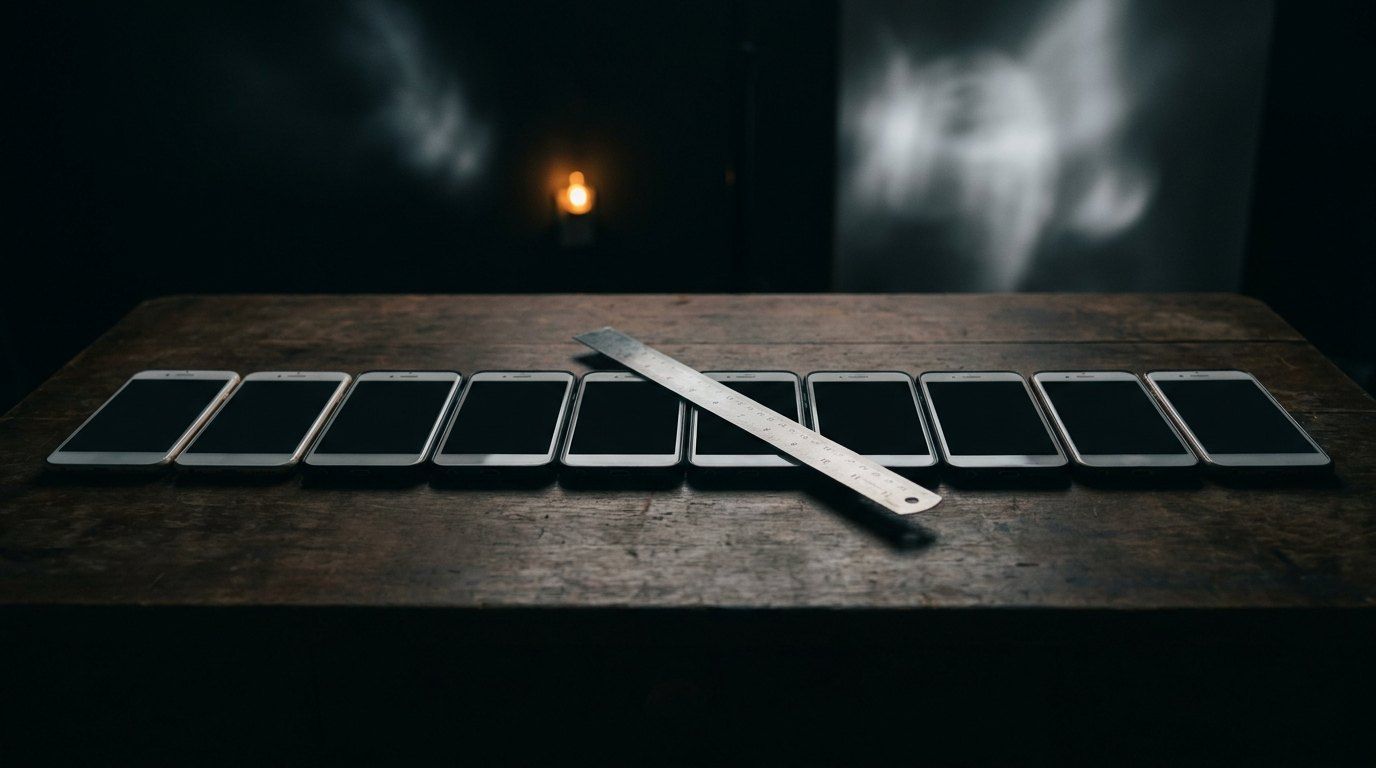 Une rangée de smartphones éteints alignés sur une table sombre, une règle métallique posée en travers.