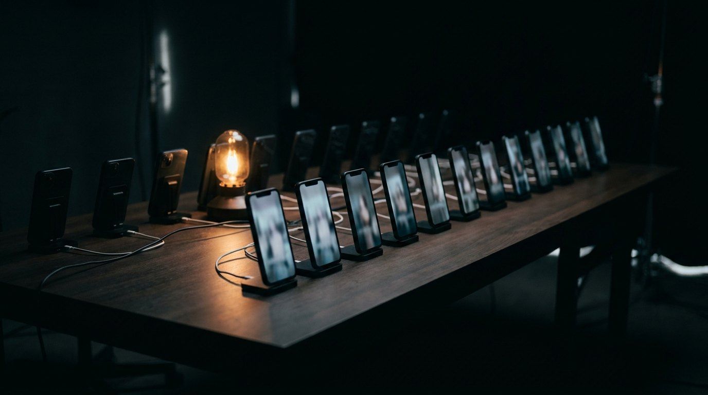 De nombreux smartphones alignés sur des supports le long d’une grande table sombre, leurs écrans verticaux allumés et flous, une petite lampe à la lueur ambrée au fond.