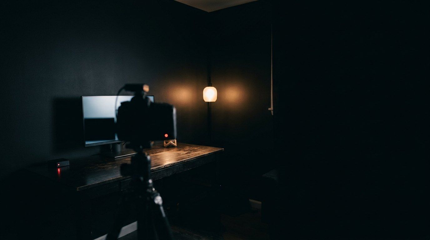 Une petite pièce de diffusion la nuit : une caméra sur trépied devant un bureau, la lueur d'un écran et d'une lampe.
