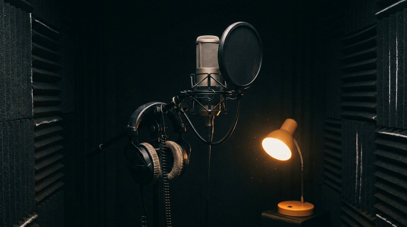 Un micro de studio avec filtre anti-pop dans une cabine d'enregistrement tapissée de mousse, un casque accroché au pied.