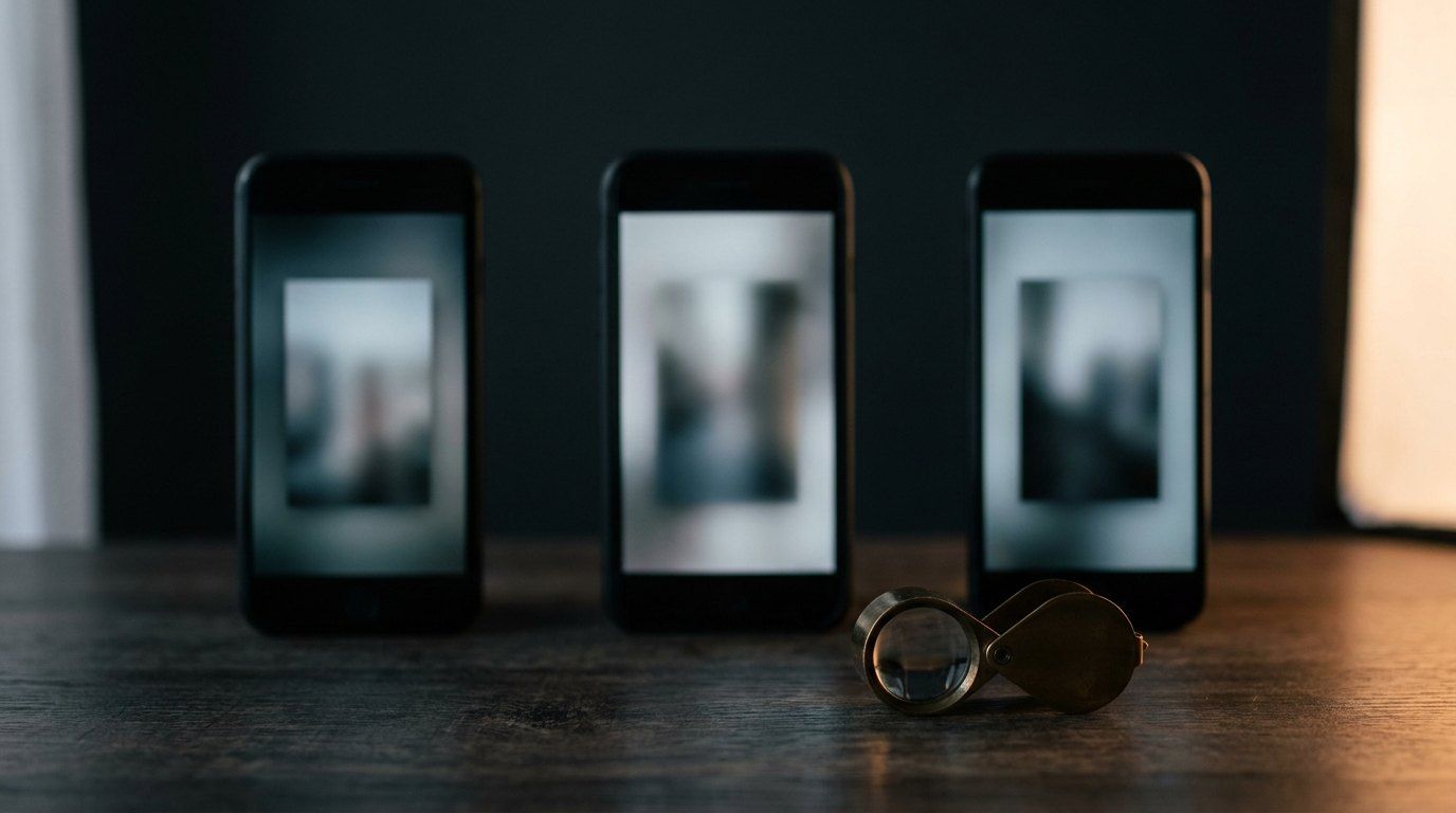 Trois smartphones debout côte à côte sur un bureau sombre, chacun affichant une image verticale floue un peu différente, une loupe de bijoutier posée devant eux.