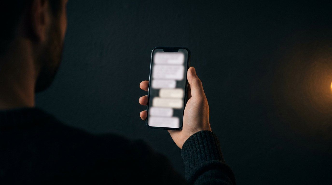 Une main tient un smartphone à la verticale ; à l'écran, des bandeaux blancs arrondis figurent des sous-titres.