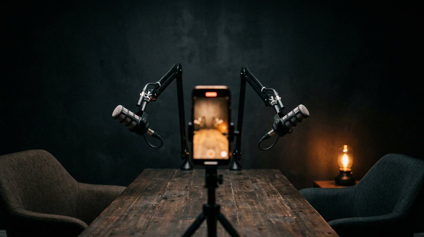 Deux micros de podcast face à face au-dessus d’une table, deux fauteuils vides, un smartphone qui filme à la verticale entre eux.