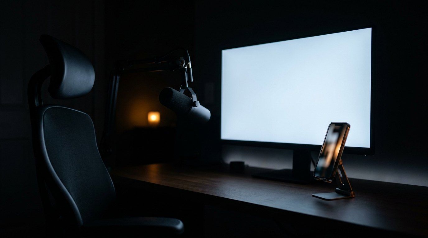 Un bureau de diffusion la nuit, après le direct : une chaise vide, un micro sur bras, un grand écran blanc allumé et un smartphone sur un support.