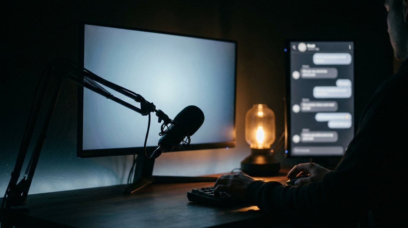 Un bureau de diffusion la nuit : un micro sur bras, un écran lumineux, et un second écran vertical où s'empilent des bulles de discussion floues.