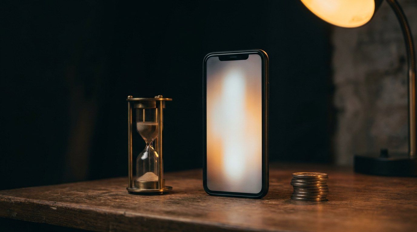Un smartphone debout sur une table en bois, l'écran lumineux et flou, entre un sablier en laiton et une petite pile de pièces, sous une lampe de bureau.